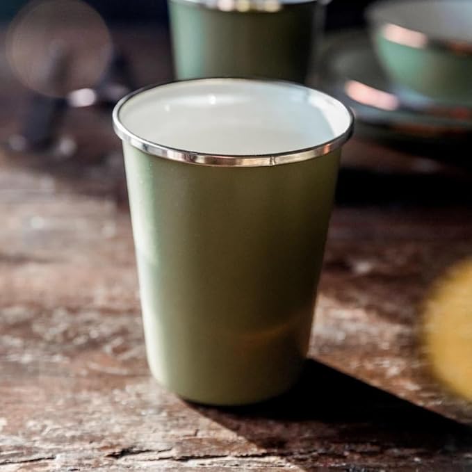 Barebones 2-Tone Enamel Cup Set - Set of 2, 14 oz Mugs - Enamelware Mugs - Durable Kitchen or Camping Mug Set (Olive Drab)