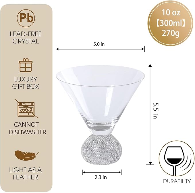 Martini Glasses Set of 4,Stemless Margarita Glasses,Unbreakable Crystal Fancy Cocktail Glasses,10 Oz Bar Glass,for Party,Birthday,Manhattan, Cosmopolitan, Home Bargifts Women (Silver Clear)