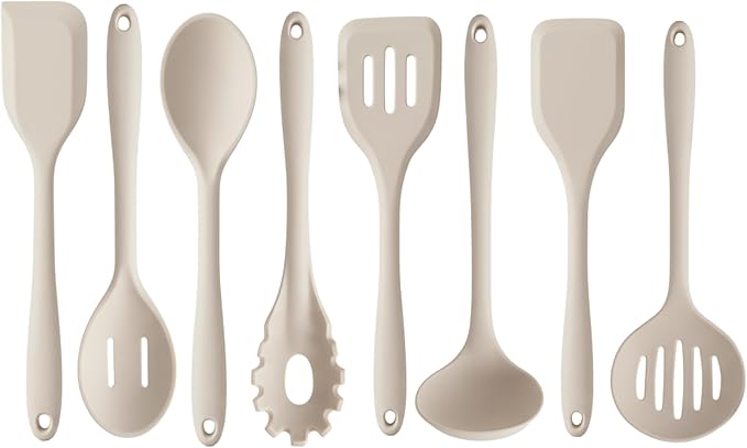 Non-Toxic Platinum Silicone Kitchen Utensil Set of 8 – Non-Scratch Cooking Spoons & Spatulas, 100% Plastic Free, Stainless Steel Core, Heat Resistant 500°F, Beige