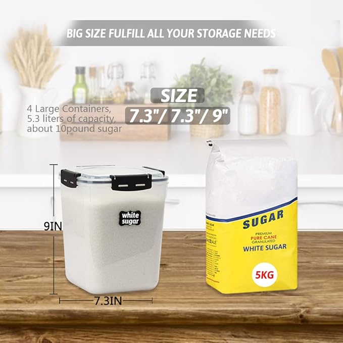 CASA LINGO Airtight Food Storage Containers with Lids, 5.3L Large Pantry Organization and Storage for Bulk Food Dry Food Cereal, Set of 4 Plastic Food Storage Containers