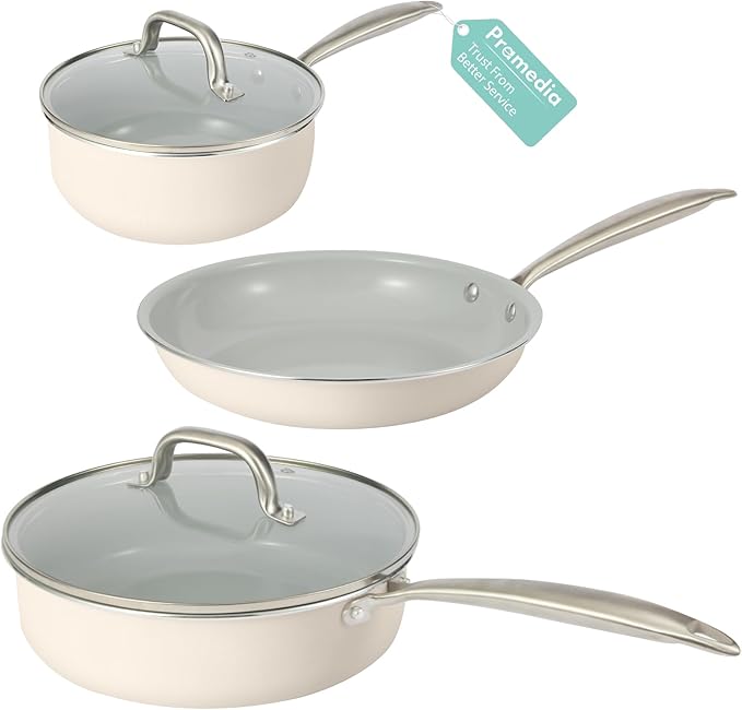 5PC Induction Cookware Set with Tempered Glass Lids, Ultra Nonstick Pots and Pans Set with Stainless Steel Handle, Oven Safe and Dishwasher Safe, Non Toxic & Ceramic Cooking Set, Cream White