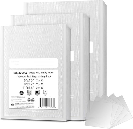 Wevac 6" x 10", 8" x 12" and 11" x 16", 150 Count, Vacuum Sealer Bags for Food Saver, Seal a Meal, Weston, Commercial Grade, BPA Free, Heavy Duty, Great for Vac Storage, Meal Prep and Sous Vide