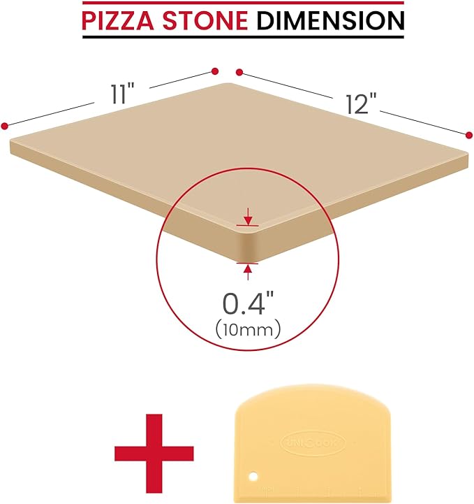 Unicook Pizza Stone for Oven and BBQ Grill, 12 x 11 Inch Rectangular Oven Grill Pizza Stone, Cordierite Baking Pan for Crispy Crusts, Thermal Shock Resistant, Including Dough Scraper