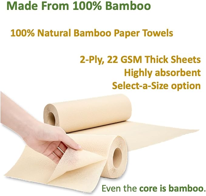 100% Natural Bamboo Toilet Paper, Paper Towel Rolls, tree-free, unbleached, 3-Ply, 2 Paper Towel, 4 Large Toilet Paper Rolls (Home Pack)