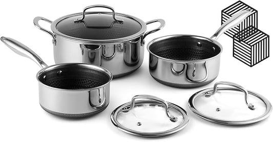 Tri-Ply Stainless Steel Stock Pot, 5 Quart Pot with Lid - Non Stick Pots -Induction Ready, Cooking Pots with Lids, Cool Handles, Dishwasher (Stainless Steel, 8PCS)