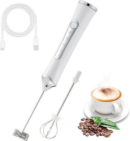 Handheld Electric Milk Frother with 2 Heads, Coffee Whisk Foam Mixer with USB Rechargeable 3 Speeds, Foam Maker Blender for Latte, Cappuccino, Hot Chocolate, Egg (White)
