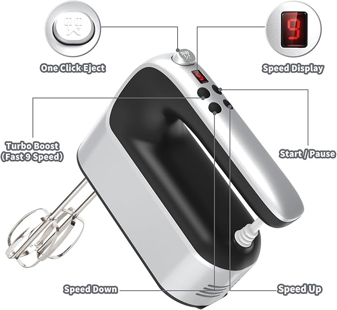 9-Speed Digital Hand Mixer Electric, 400W Powerful DC Motor Low Noise, Baking Mixer Handheld with Snap-On Storage Case, 5x Stainless Steel Accessories, Flat Beaters, Dough Hooks, Whisk
