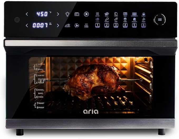 Aria 36 Qt Air Fryer Oven, Ariawave Stainless Steel Air Fryer with Rotisserie, Basket, & Grill Trays, Easy Clean Large Countertop Convection Oven, XL Touchscreen Display & Cooking Presets, Black