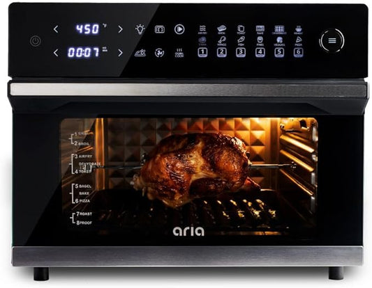 Aria 36 Qt Air Fryer Oven, Ariawave Stainless Steel Air Fryer with Rotisserie, Basket, & Grill Trays, Easy Clean Large Countertop Convection Oven, XL Touchscreen Display & Cooking Presets, Black