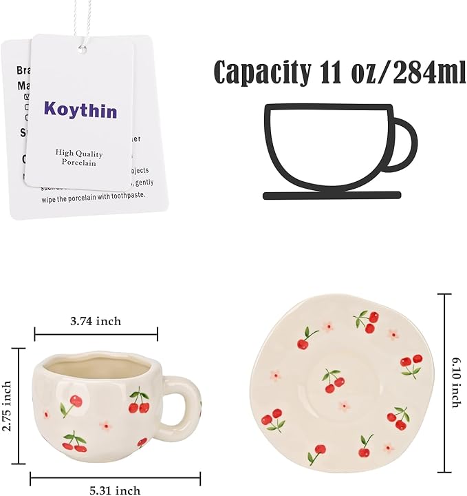 Koythin Ceramic Coffee Mug with Saucer Set, Creative Cute Cherry Cup Unique Irregular Design for Office and Home, 10 oz/300 ml for Latte Tea Milk