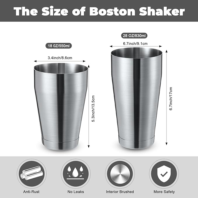 Lallisa 10 Pieces Cocktail Shakers Professional Bar Boston Shaker Set Stainless Steel Martini Shaker Drink Mixer Basic Tools Weighted Shake Metal Can for Bartenders, 18 Oz, 28 oz(Sanding Silver)