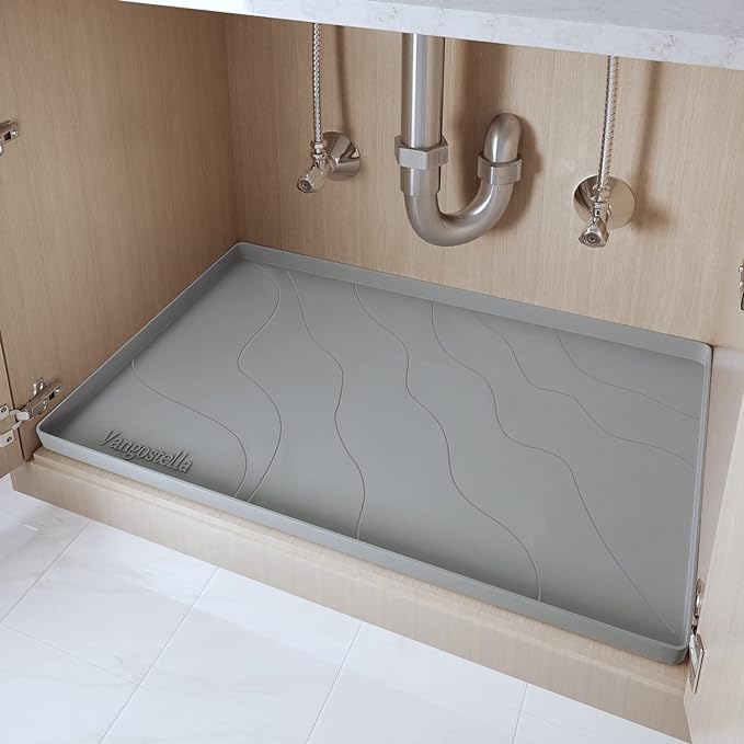 Heavy Duty Silicone Under Sink Mat for Kitchen&Bathroom 28" x 19",Waterproof Under Sink Rubber Mat Drip Tray, Raised Edge Under Sink Liner,Prevent Drips, Leaks, Spills,Grey