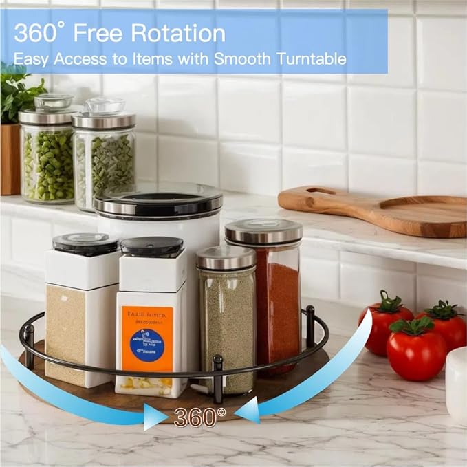 Wooden Lazy Susan Turntable Organizer for Cabinet, Table Top, Kitchen, Pantry, Bathroom, Vanity Countertop, Rotating Wood Lazy Susans Rack for Condiment, Seasoning, Spice Storage Organization(Round)