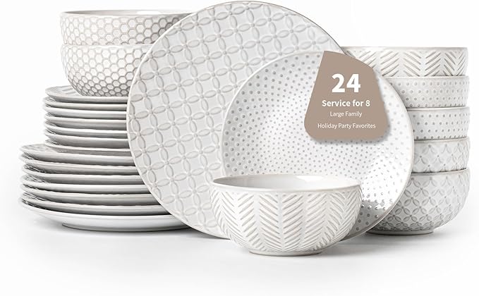 24 Piece Dinnerware Sets for 8, Premium Stoneware Plates and Bowls Sets, Microwave & Dishwasher Safe, Elegant Dishes for Entertaining & Special Occasions – A Stunning Gift for Large Families