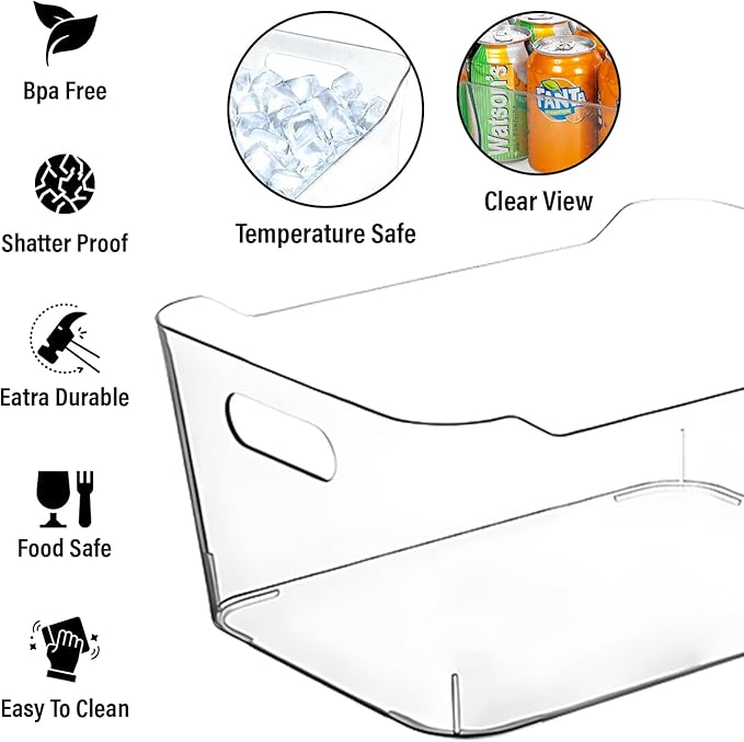 Clear Plastic Storage Bins, Perfect for Kitchen Organization or Pantry Organizers and Storage, Refrigerator Freezer Fridge Organizer Storage Containers Bin for Organizing Medicine Cabinet Organizer