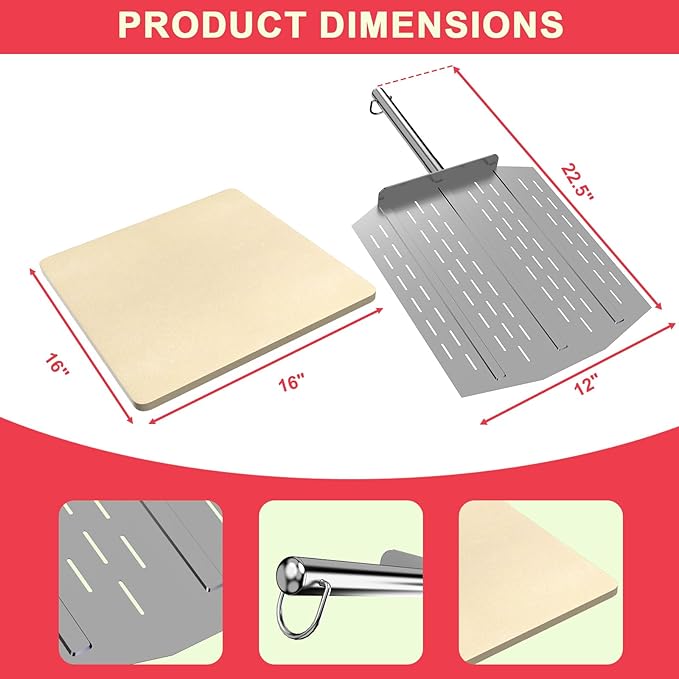 16 Inch Square Pizza Stone for Ninja FlexFlame Grill and Oven, Universal Large Ceramic Stone with Pizza Peel & Plastic Scraper for Ninja Flex Flame Accessories, Kit for Cooking Bread, Calzones & More