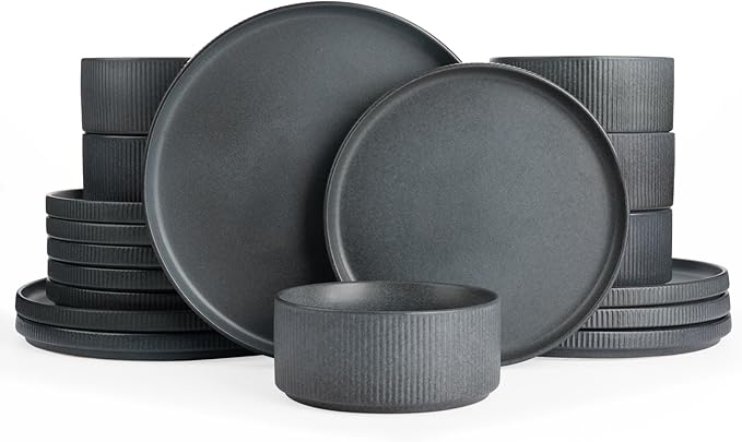 famiware Star Plates and Bowls Sets, Modern Stoneware Dinnerware Sets for 6, 18-Piece Kitchen Dish Set - Chip and Scratch Resistant, Microwave and Dishwasher Safe Tableware, Matte Dark Charcoal