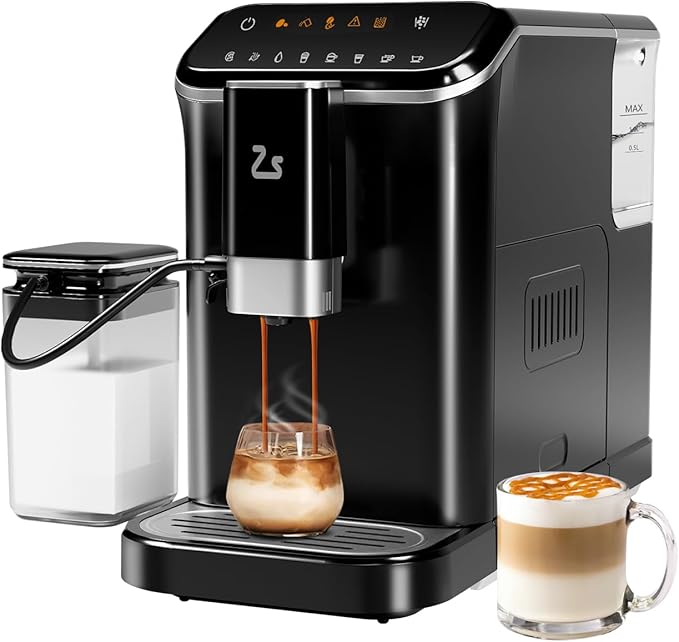 IDEALHOUSE Fully Automatic Espresso Machine with Built-In Grinder and Milk Frother, Touchscreen Control, 20 Bar Pressure, 1.5L Detachable Water Tank, One-Touch Latte & Cappuccino Maker, Black