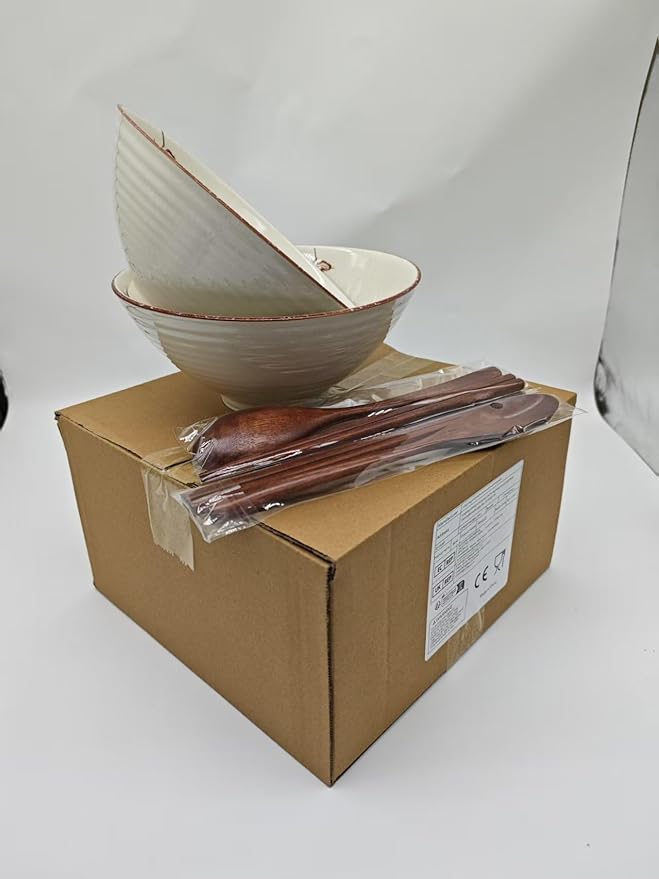 2 x 40 OZ ceramic ramen bowls, 8 IN large Japanese noodle soup bowl, match chopsticks and spoons, suitable for Pho, Udon Asian noodles (Flowers and birds 2 set)