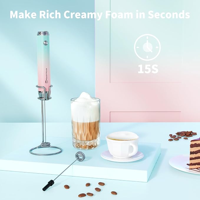 Maestri House Rechargeable Milk Frother with Stand, LunaFro Handheld Electric Foam Maker Waterproof Detachable Stainless Steel Whisk Drink Mixer Foamer for Lattes, Cappuccino
