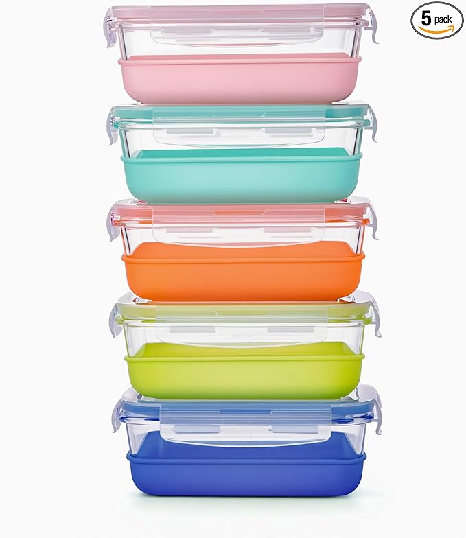 Vtopmart 5 Pack 28oz Glass Food Storage Containers Set with Silicone Sleeve，Glass Meal Prep Containers, Lunch containers with Airtight BPA-Free Plastic Lids, Dishwasher, Microwave, and Freezer Safe