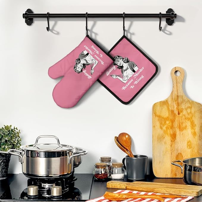 Baking Because Murder is Wrong Funny Oven Mitts and Pot Holders Sets, Funny Retro Kitchen Decor Oven Mitts for Women, Housewives Gifts Hostess Gifts for Her, Housewarming Present for Bakers