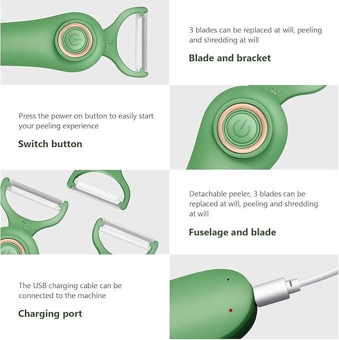 3-in-1 Electric Peeler | Auto Blade for Fruits/Vegetables | 3 Interchangeable Blades | Type-C Charging,Battery Capacity 1500 mAh | Kitchen, Travel, Camping