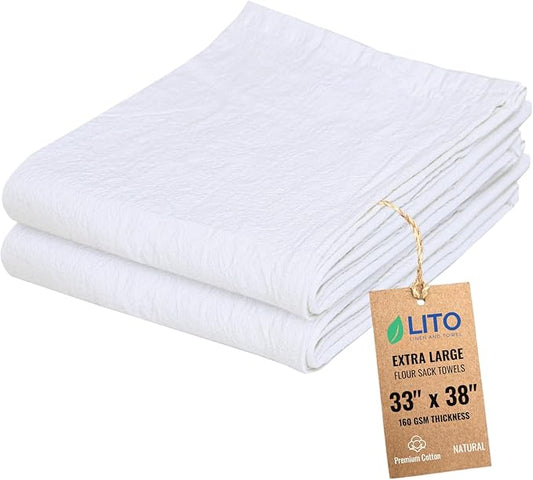 Flour Sack Towels | Tea Towel for Crafts| Kitchen Dish Cotton Blank Towel for Embroidery| Baking Bread Proofing Linen Cover| Thick Absorbent Quick Dry| 2 Pack 33"x38" Natural