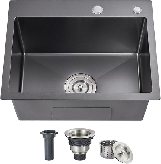 ROVOGO 20x16x9 in. Kitchen Sink Black Top Mount Single Bowl 2 Hole, 304 Stainless Steel Handmade Drop-in Bar Prep Small Sink