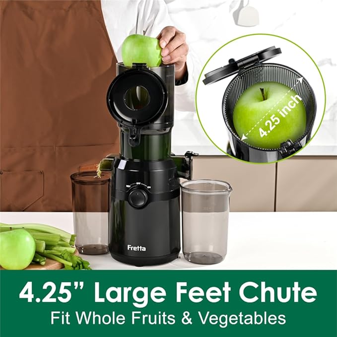 Cold Press Juicer Machines,Fretta Slow Masticating Juicer Machines with 4.25" Large Feed Chute,Fit Whole Fruits & Vegetables Easy Clean Self Feeding,High Juice Yield,Tritan BPA-Free,Onyx Black