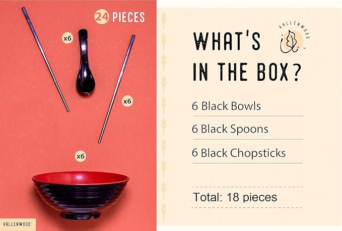 6 Ramen Bowls, 18 pieces Pho set. Red Black Asian Japanese soup. Utensil Spoons And Chopsticks kit. Melamine. Large 37 oz. Noodles, Rice, Udon, Thai, Chinese, Korean, Wonton, Miso (Red Black x6)