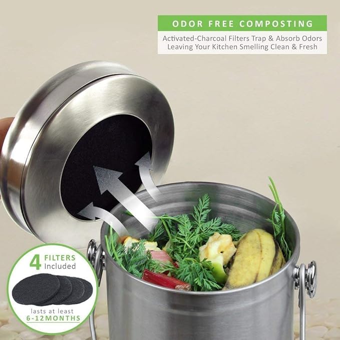 Abakoo 1.6 Gallon Compost Bin Indoor Countertop Kitchen Composter 304 Stainless Steel Waste Pail Kitchen Bin Pail - Includes 4 Filters