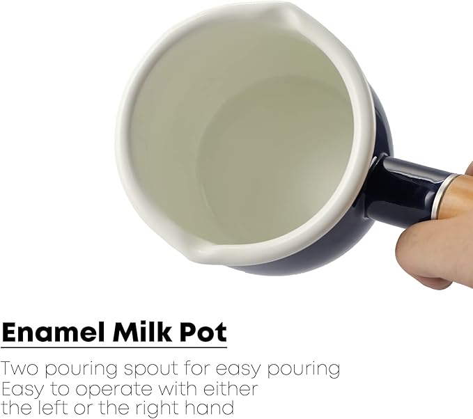 0.6qt Mini Enamel Milk Pot Insulated Wooden Handle 2 Pour Spouts Small Food Warmer Cute Saucepan(D015,Blue) …
