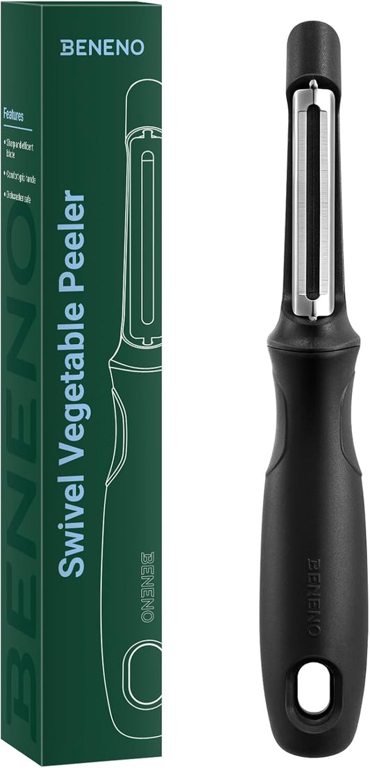 Beneno Swivel Vegetable Peeler, Razor-Sharp Smooth Peeling Potato Peelers with Stainless Steel Blades, Ergonomic Comfort Non-Slip Rubber Handle, Durable Kitchen Peelers with Potato Eye Remover, Black
