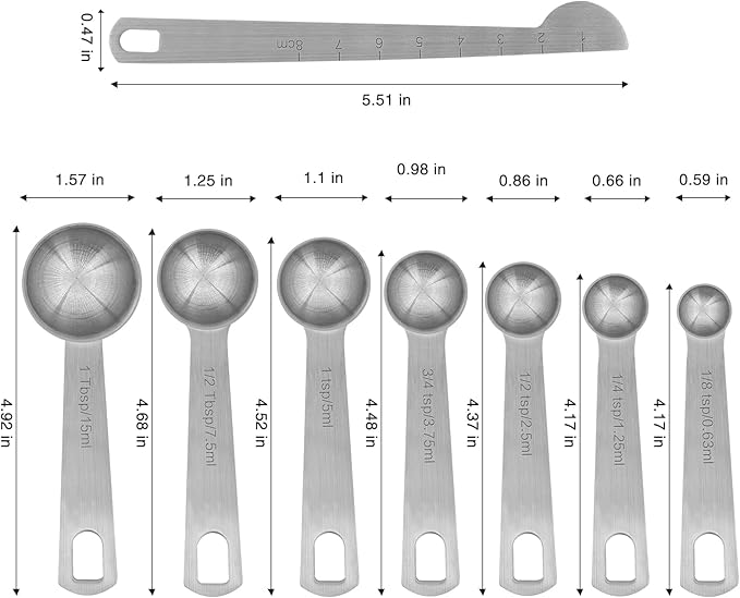 Measuring Spoons, Stainless Steel Measuring Cups Set Ruler & Scraper, 3/4 TSP, 1/8 TSP, 1 TSP, 1/4 TSP, 1/2 TSP, 1/2 Tbsp & 1 Tbsp Small Tablespoon and Leveler for Kitchen Cooking and Baking