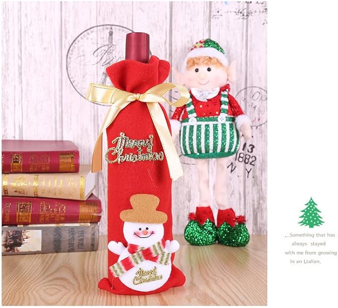 hexiaoxiao 3pcs Christmas Wine Bottle Gift Bags Cute Merry Christmas Wine Bottle Covers with Ribbon for Holiday Party gift wine bags (Santa Snowman and elk)