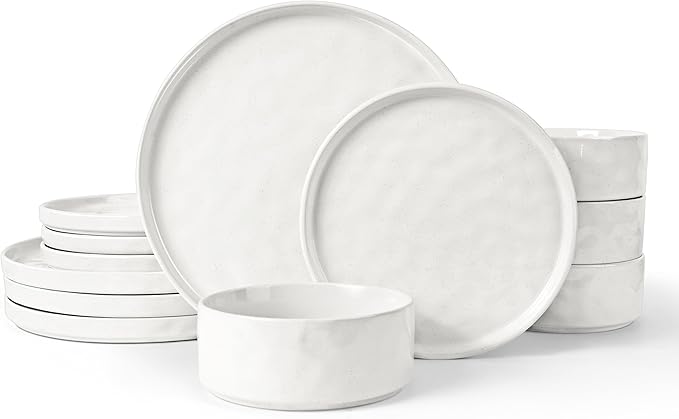LIANYU Stoneware Dinnerware Sets, 12 Piece Plates and Bowls Dish Set for 4, Kitchen Speckled Dinner Ware Dining Dishware, Microwave & Dishwasher Safe, Polar White