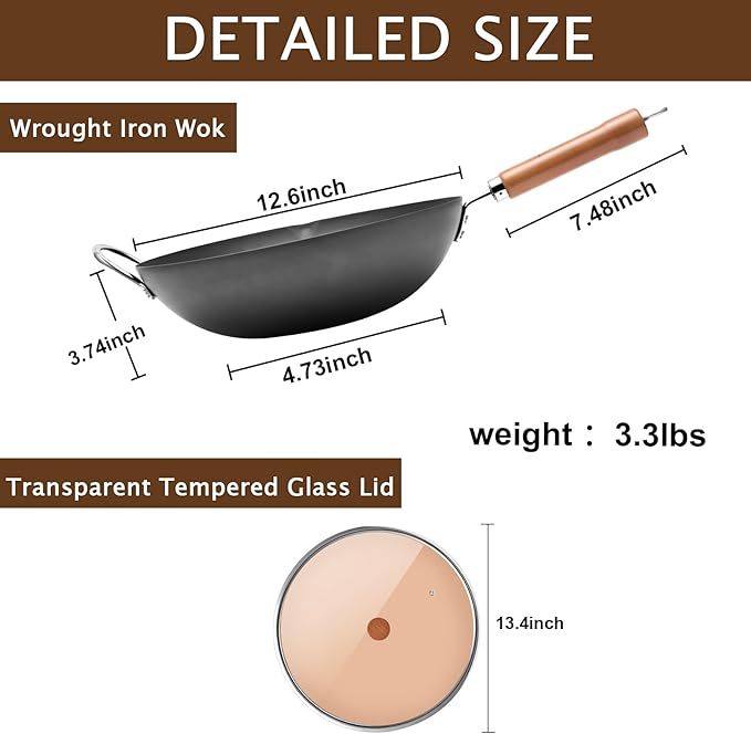 WANGYUANJI Iron Wok,12.59 inch Woks for Stir-fry, Chinese Stir Fry Pan Uncoated, Traditional Flat Bottom Iron Pot for Induction, Electric, Gas, Suitable for All Stoves(Pure Iron Wok)