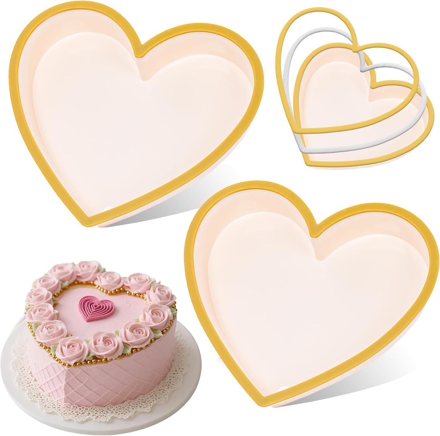 Metal Reinforced Frame Silicone Heart Shaped Cake Pans - 10 Inch, Nonstick Molds for Cake Pan, Reusable and Easy to Release, Food Grade Silicone for Oven, Dishwasher, Freezer (2 Pack)