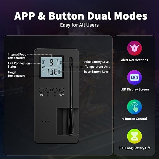 Smart Bluetooth Wireless Meat Thermometer, Standalone Display Base, Digital Meat Thermometer with App Control, 500FT Wireless Range for BBQ, Grill, Oven, Smoker, Air Fryer Needs