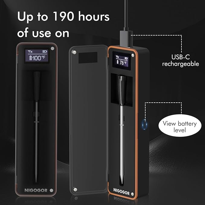 Smart Wireless Meat Thermometer with Thinnest Probe, Magnetic Bluetooth Food Thermometer, Remote Tracking and Real-Time Readings from Apps, for iOS and Android, for BBQ, Grill, Smoker