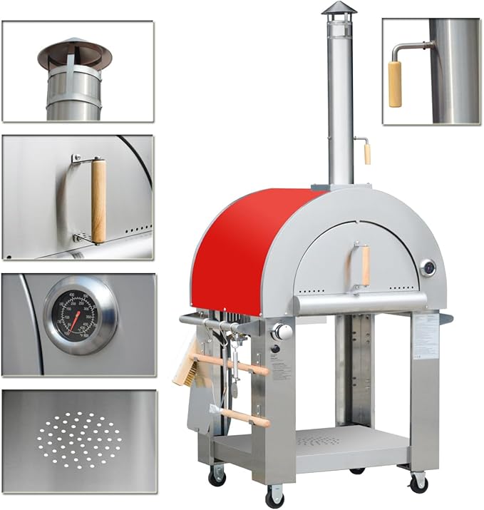 32.5" Propane Gas and Wood Fired Pizza Oven with Waterproof Cover, Large Outdoor Oven with Open Shelf and Wheels for BBQ, Grilling, Stainless Steel Pizza Oven for Outdoor, Backyard and Party (Red)