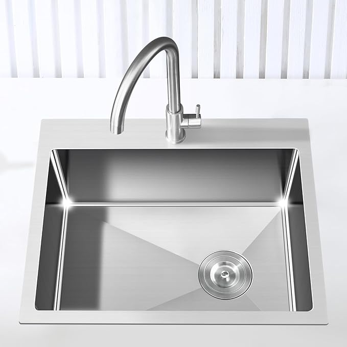 Kitchen Sink, 24x18 Inch Drop in Sink, Commercial Grade 304 Stainless Steel Kitchen Sink, Centre-Offset Drain, 9" Deep Single Bowl Kitchen Sinks, Brushed(Inclued Drain Strainer & Bottom Grid)