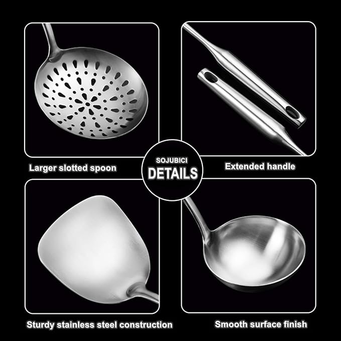 Cooking Utensils Set Stainless Steel Kitchen Metal Serving Utensils Set of 6 Pcs-Wok Spatula Ladle Set, Slotted Skimmer, Pasta Server, Serving Spoon, Slotted Spatula Tunner,Dishwasher Safe