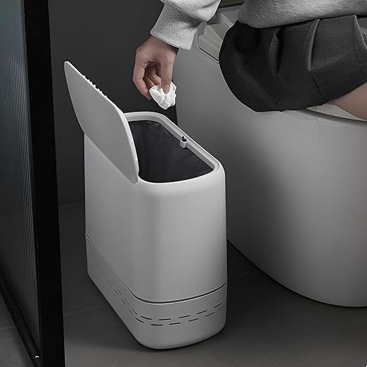 Sooyee Bathroom Trash Can with Lid, 2.4 Gallon Slim Trash Bin, Small Plastic Waste Basket, 10 L Narrow for Bedroom, Kitchen, Office, White