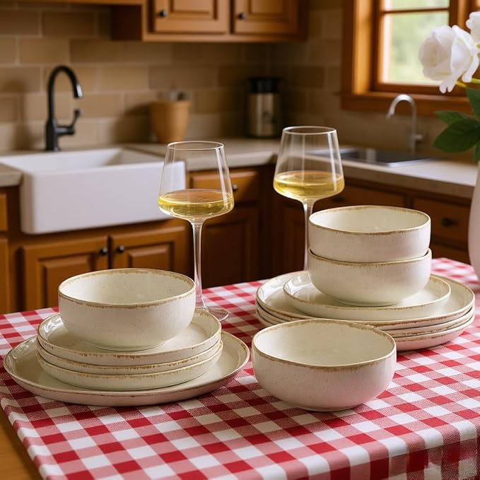 AmorArc Ceramic Dinnerware Sets, Wavy Rim Stoneware Plates and Bowls Sets, Highly Chip and Crack Resistant | Dishwasher & Microwave Dishes set, Service for 4 (12pc)-Speckled Cappuccino White