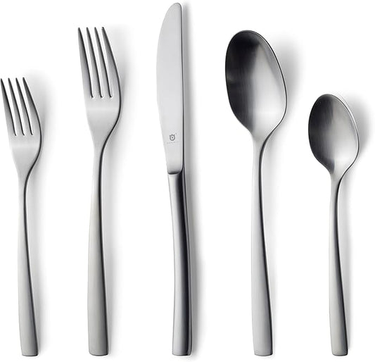 Matte Silverware Set, 18/10 Stainless Steel Satin Flatware, Modern Brushed Finish Cutlery, Dishwasher Safe & Durable, Built to Last (40-Piece, Sleek)