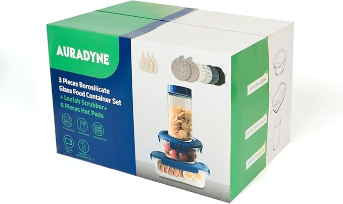 AURADYNE Glass Food Storage Containers with Lids, 3 Borosilicate Meal Prep Containers Reusable (5, 4.4, & 1.75 Cup), 6 Cotton Pot Holder Trivets, 3 Natural Loofah Sponges Lunch Oven Safe/Freezer/Clean