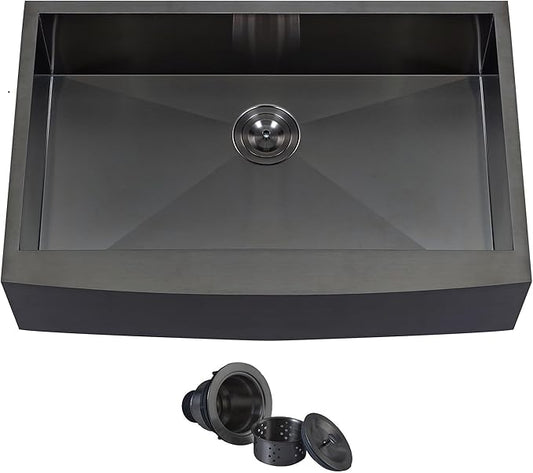 Black Farmhouse Sink 33 Inch,16 Gauge Undermount Single Bowl 304 Stainless Steel Farmhouse Kitchen Sink, 9 Inch Deep Apron Front Gunmetal Black Farm Sink with drain