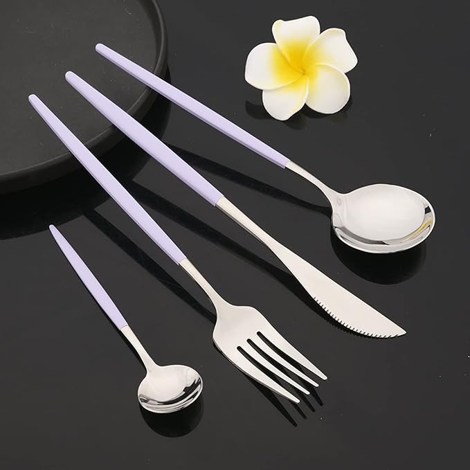 JASHII Flatware Set 24 Piece, Stainless Steel Silverware Set, Macaron Small Fresh Color Cutlery Set, Modern Elegant Tableware Set for Party, Christmas, Dinner (Purple Silver)